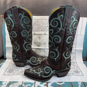 Cavenders Gorgeous Brown w/Teal Inlays Western Leather Boots Womans Sz 6B